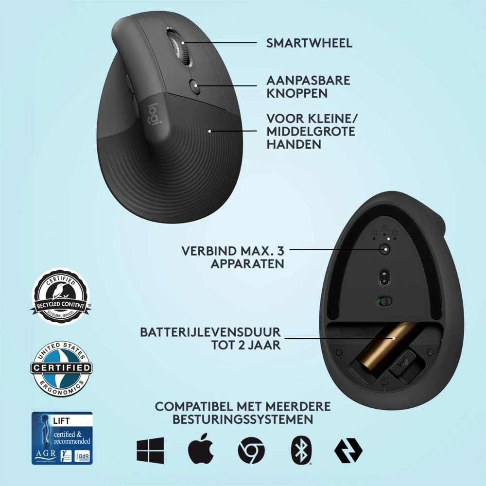 Ergonomische draadloze muis Logitech Lift, rechtshandig, grafiet - foto 9